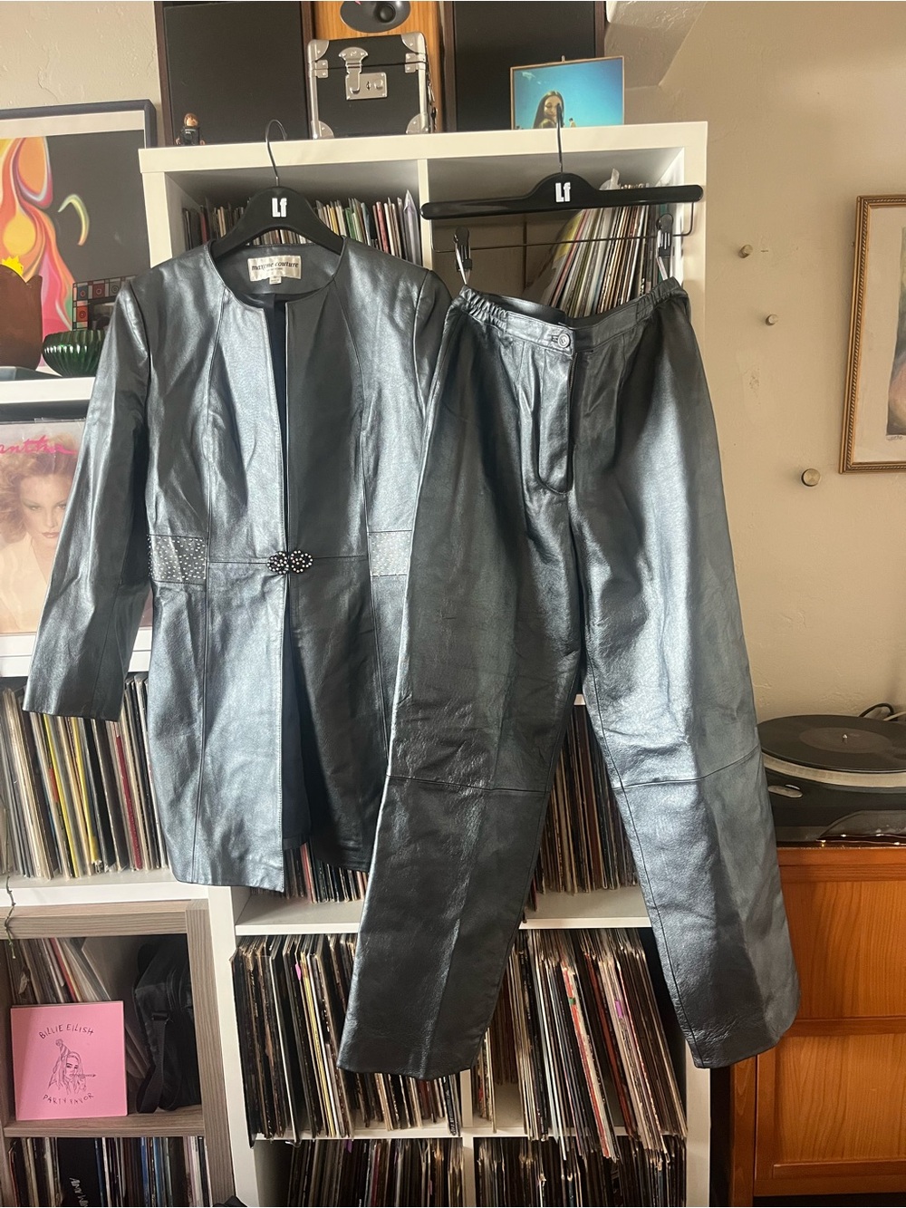 Vintage maxene couture leather pant suit size 10 metallic blue